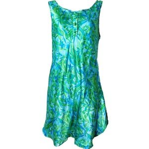 Vintage Lingerie Nightgown Satin Slip Dress Medium M Floral Tropical Blue Green